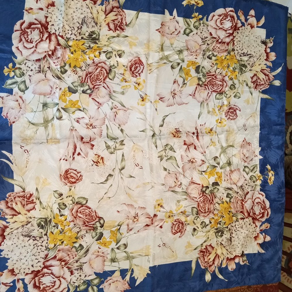 Blue bordered floral silk scarf